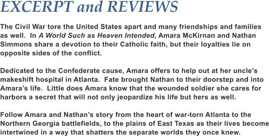 EXCERPT and REVIEWS  The Civil War tore the United States apart and many friendships and families as well.  In A World Such as Heaven Intended, Amara McKirnan and Nathan Simmons share a devotion to their Catholic faith, but their loyalties lie on opposite sides of the conflict.  Dedicated to the Confederate cause, Amara offers to help out at her uncles makeshift hospital in Atlanta.  Fate brought Nathan to their doorstep and into Amaras life.  Little does Amara know that the wounded soldier she cares for harbors a secret that will not only jeopardize his life but hers as well.  Follow Amara and Nathans story from the heart of war-torn Atlanta to the Northern Georgia battlefields, to the plains of East Texas as their lives become intertwined in a way that shatters the separate worlds they once knew.